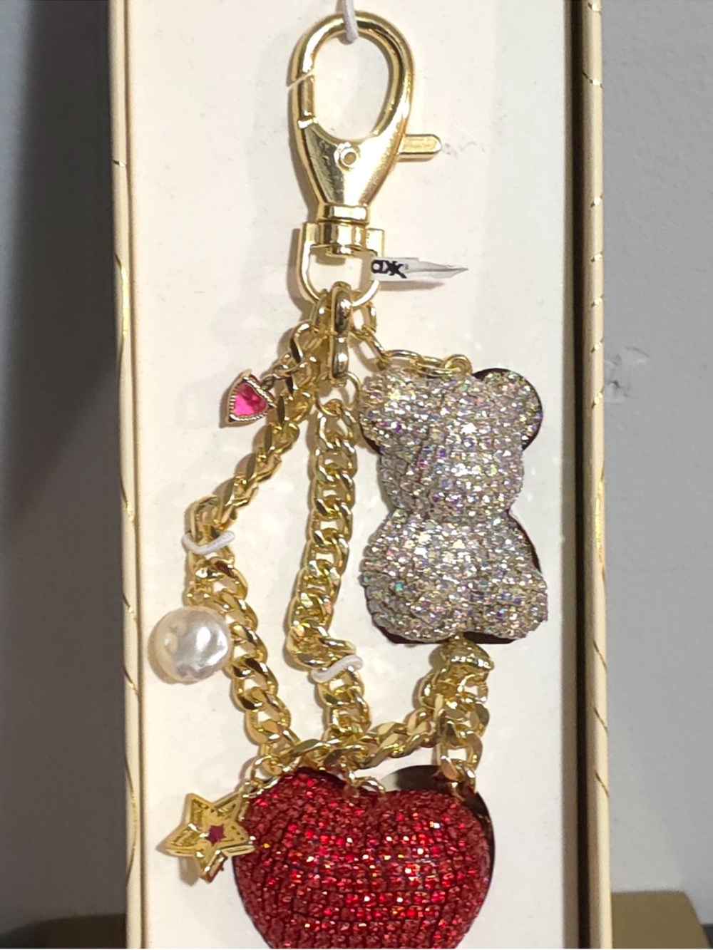 Eye candy Gold Tone Keychain Charm with Red Crystal Apple & Silver Crystal Bear
